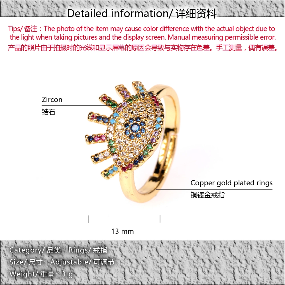 Shiny Micro Pave Austrian Crystal Rhinestone Diamond Round Evil Eye Adjustable Open Engagement Ring
