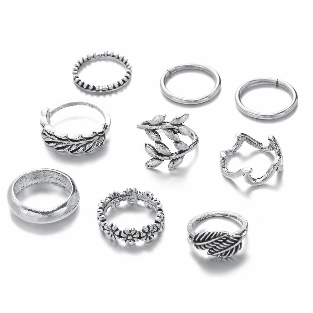 Factory Vintage Antique Silver Plated 9 PCS Leaf and Flower Rings Set Wave Ring