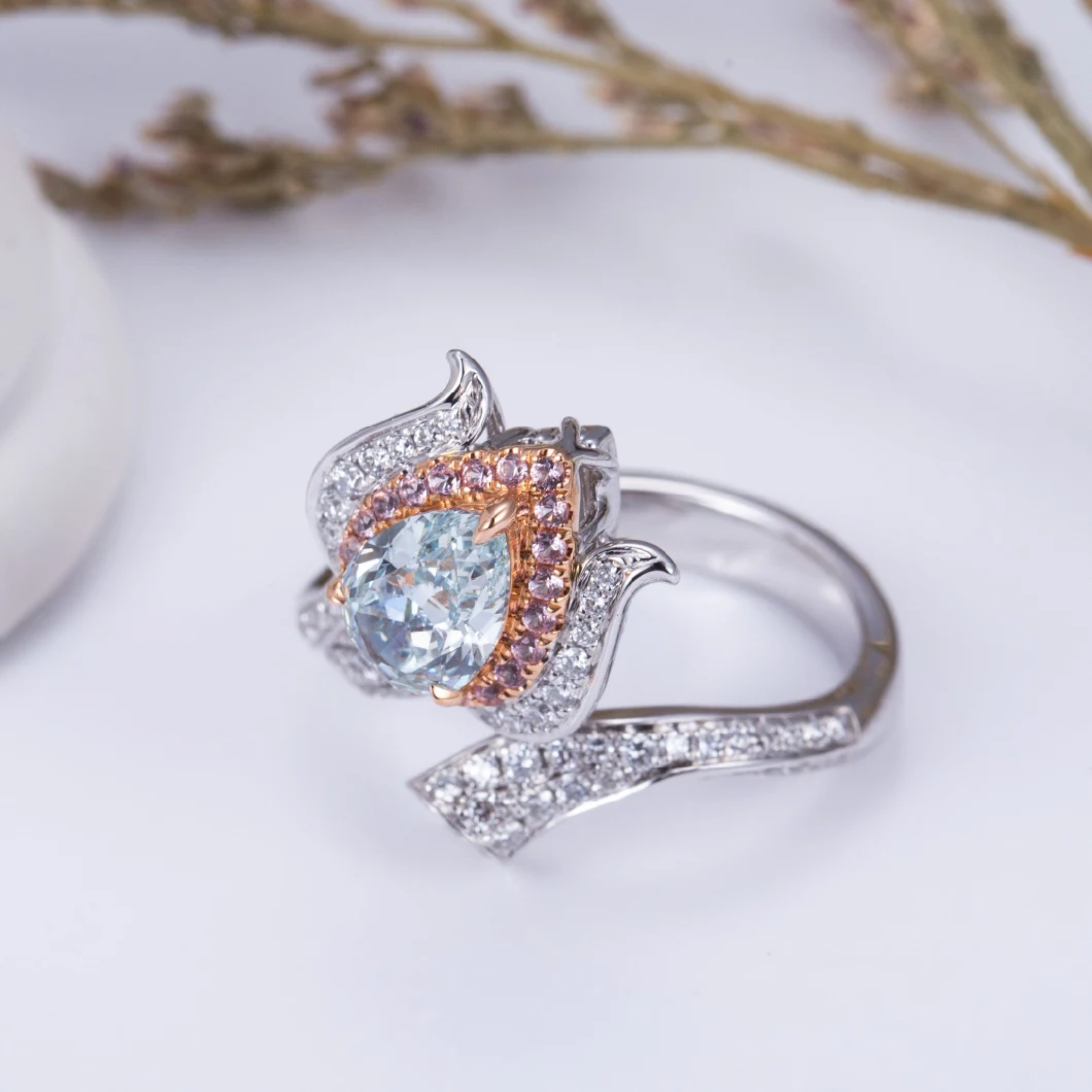 Unique Design Custom Jewelry Flower Engagement Ring 18K White Gold Halo Blue Lab Grown Diamond Adjustable Ring