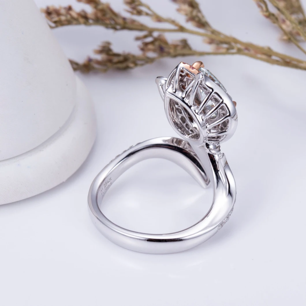 Unique Design Custom Jewelry Flower Engagement Ring 18K White Gold Halo Blue Lab Grown Diamond Adjustable Ring
