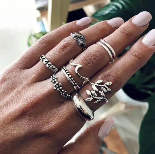 Factory Vintage Antique Silver Plated 9 PCS Leaf and Flower Rings Set Wave Ring