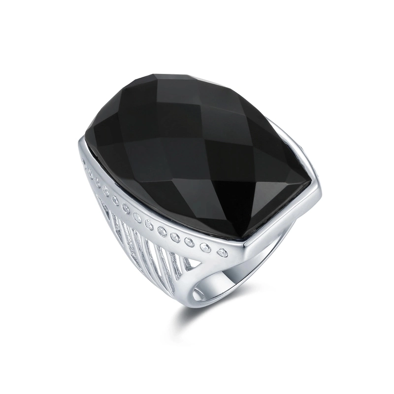 Square 925 Silver Gemstone Rings Charm Vintage Black Agate Stone Ring