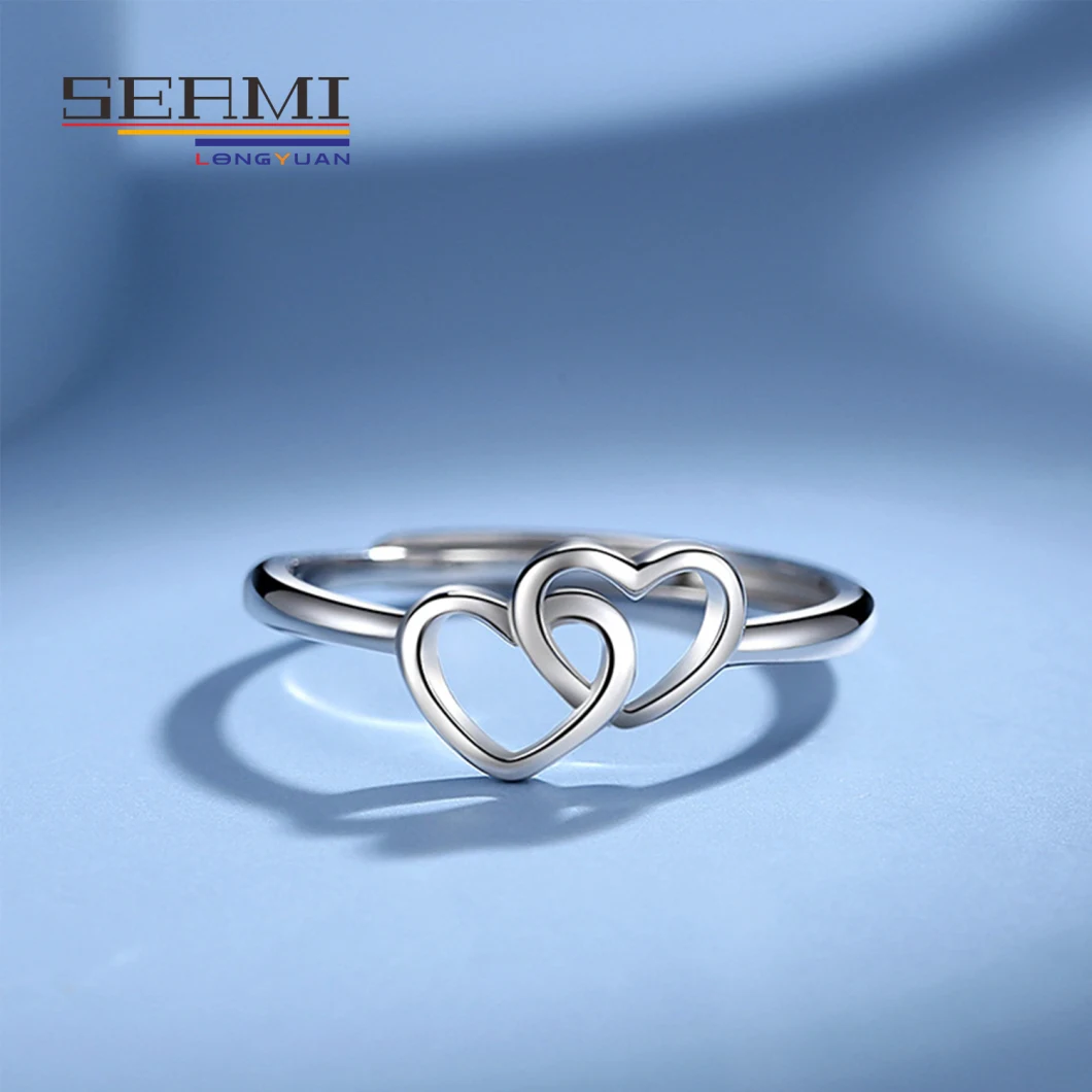Adjustable Double Heart Eternity No Stone Engagement Ladies Silver Ring