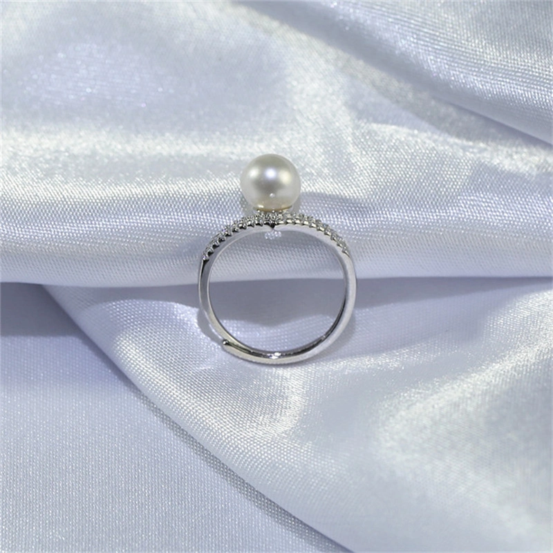 925 Sterling Silver Adjustable Zircon Freshwater Wedding Bridal Pearl Rings for Women