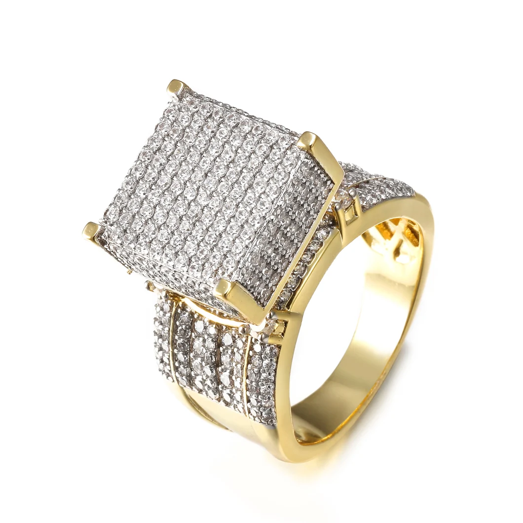 925 Thick Square Shape CZ Micro Pave Setting 18K Solid Gold Hip Hop Iced out Mens Rings for Party