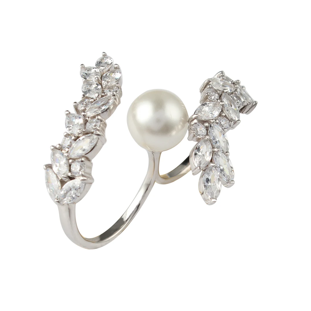 Fashion Diamond Jewellery Two Fingers Ring with Shell Pearl for Women 925 Silver Jewelry