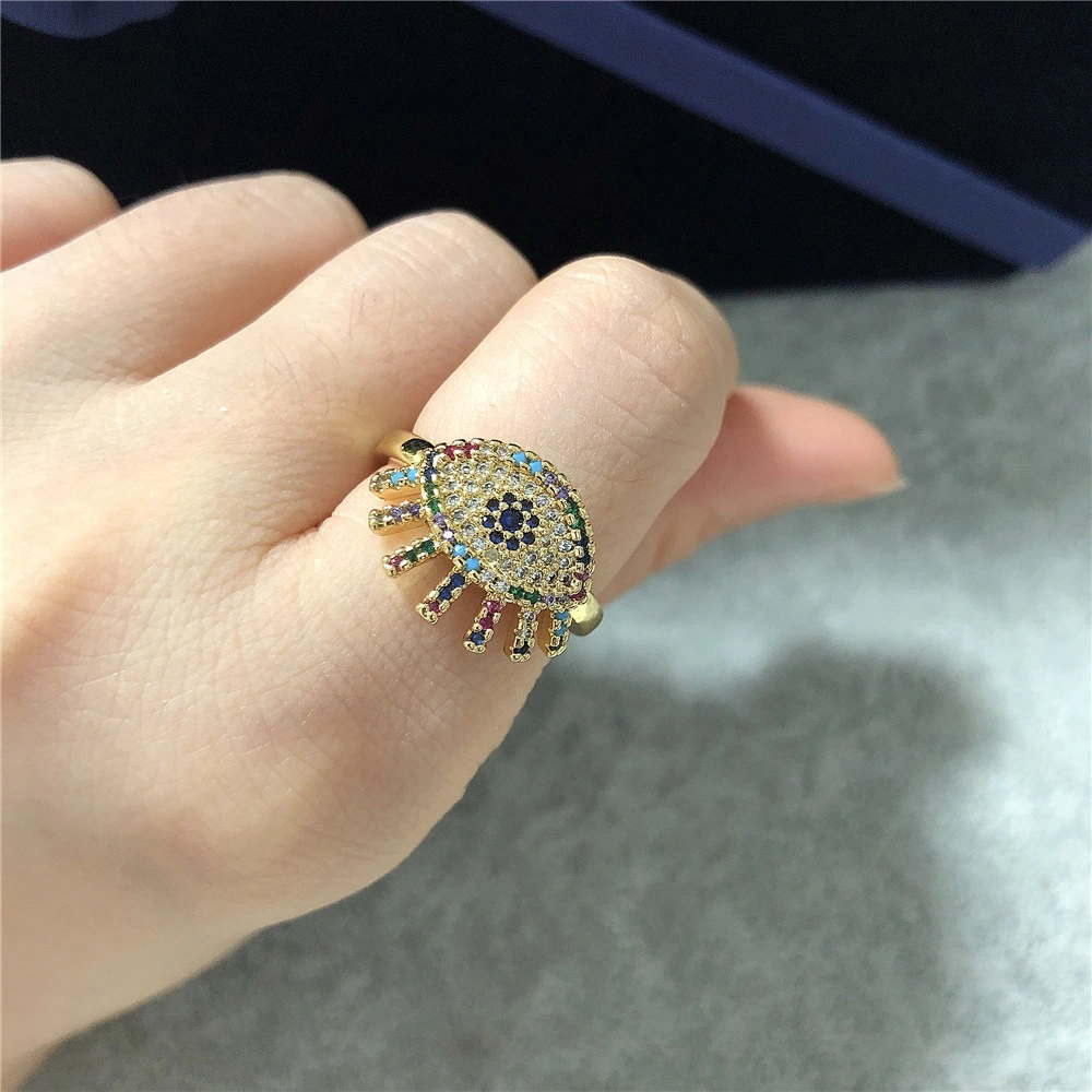 Shiny Micro Pave Austrian Crystal Rhinestone Diamond Round Evil Eye Adjustable Open Engagement Ring