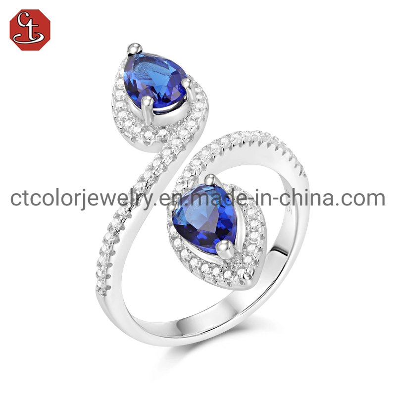 925 Sterling Silver Jewelry Top Quality Blue Color Stone Adjustable Ring