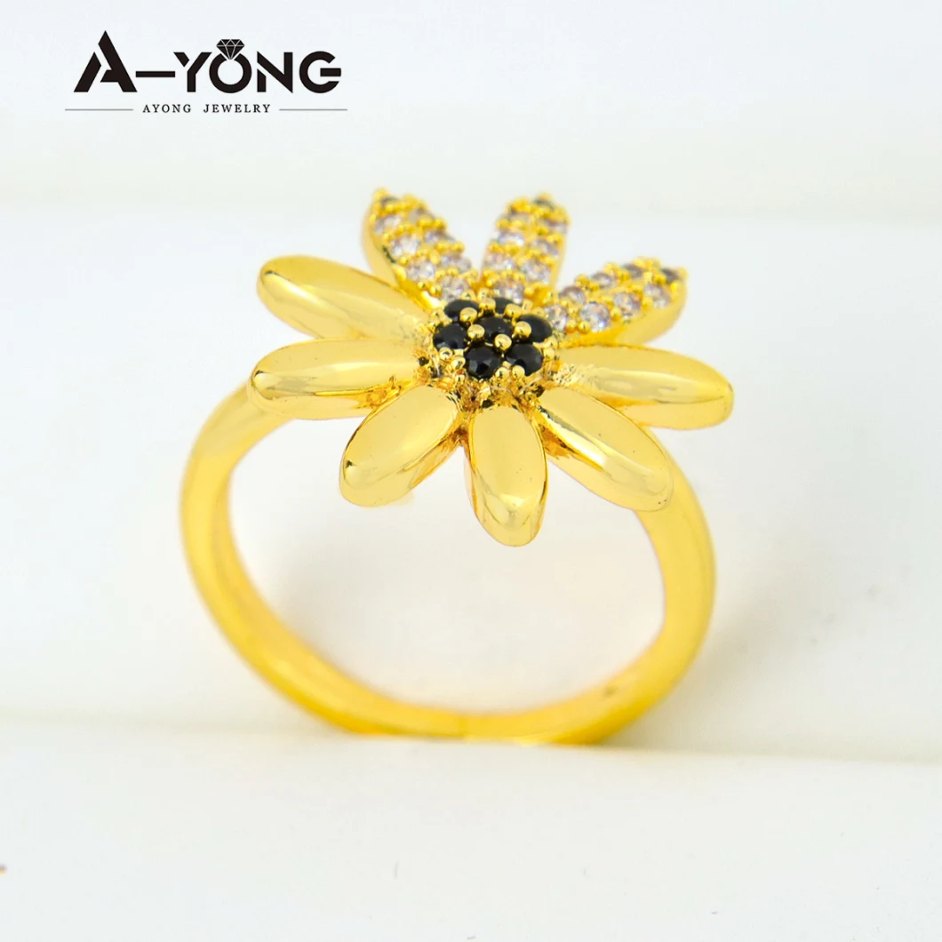 Popular Selling Brass Turquoise Colored Flower Zircon Gold Rings for Women 18K