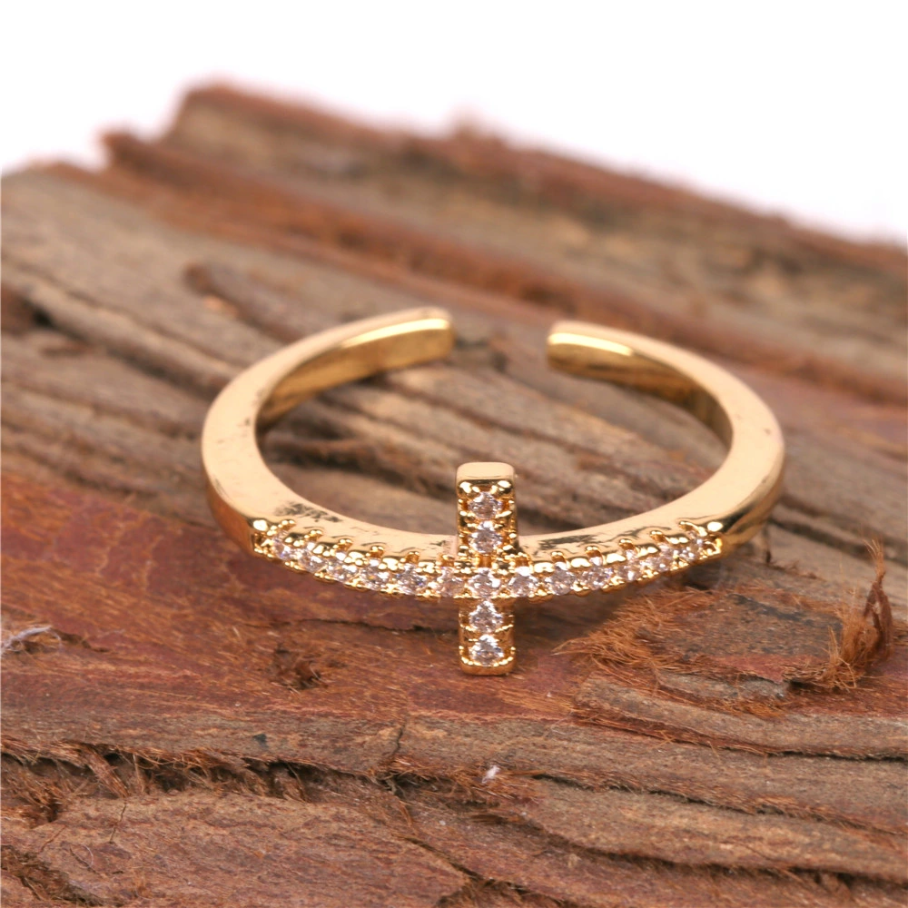 Fashion Jewelry Copper 18K Gold Plating Cubic Zirconia Pave Cross Ring for Girls