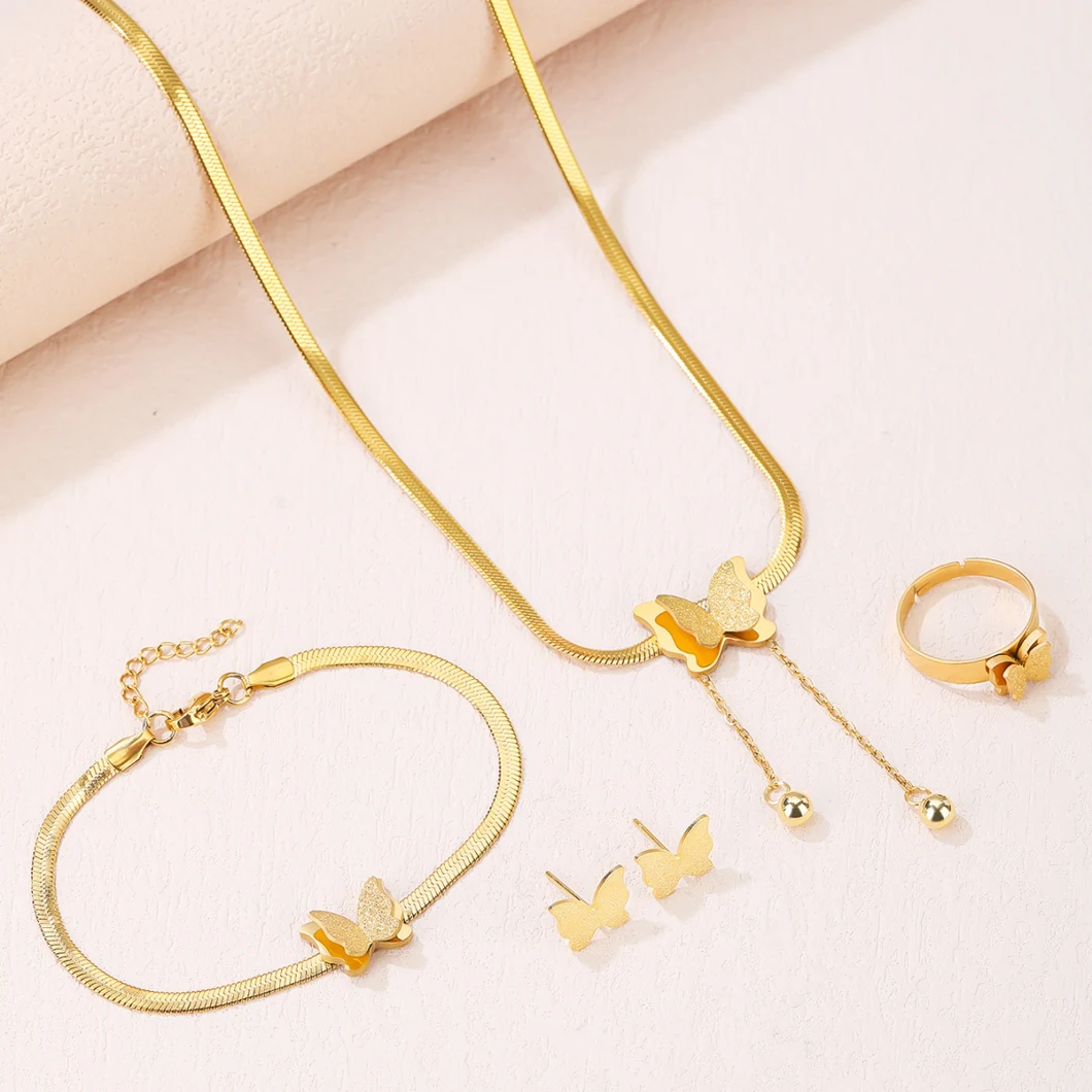 Gold Stainless Steel Butterfly Pendant Necklace and Earrings Bracelet Ring Four-Piece Set