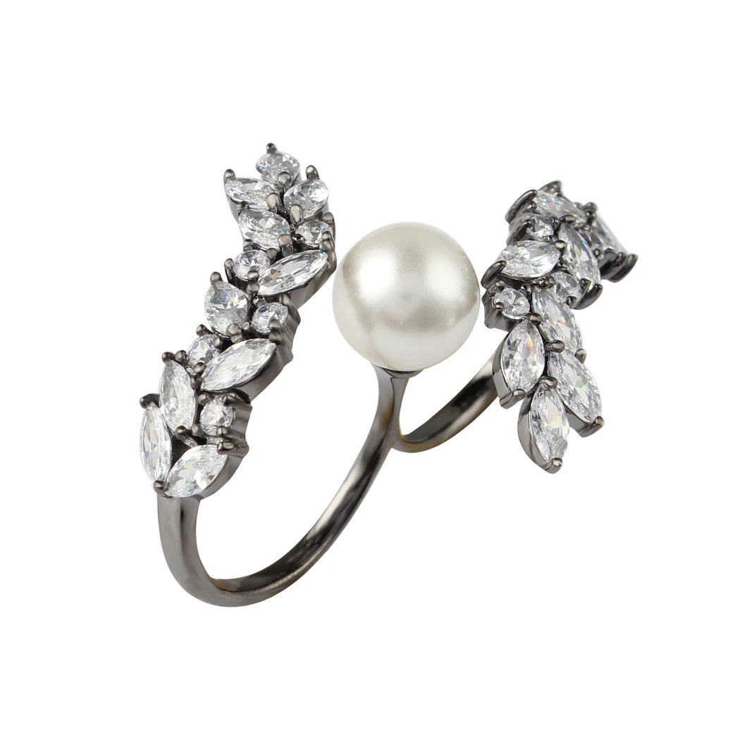 Fashion Diamond Jewellery Two Fingers Ring with Shell Pearl for Women 925 Silver Jewelry