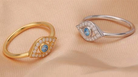 925 Sterling Silber Bisuteria Middle East Jewellery Vergoldeter blauer böser Blick Talisman-Anhänger-Ring für Frauen