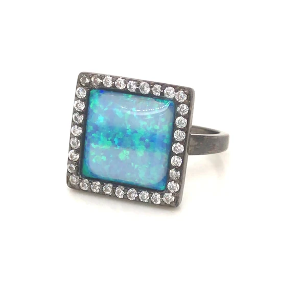 Charm Großer quadratischer blauer Feueropal-Ring für Damen, Vintage-Mode, Schwarzgold-Ring