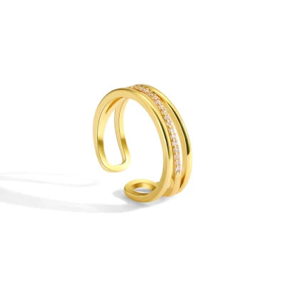 Einfacher, vergoldeter, mehrschichtiger, verstellbarer Ring mit Mikropavé-CZ-Zirkonia-Öffnung für Damen