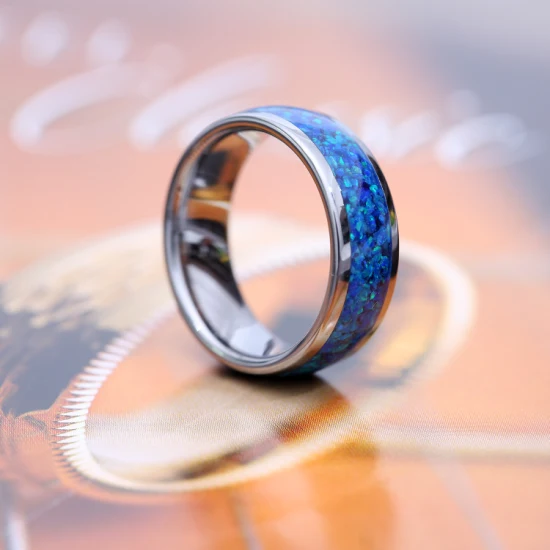 Herren-Ring aus Wolframkarbid mit blau-grünem Opalstein-Inlay